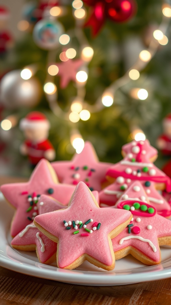 Festive pink Christmas cookies on a decorative plate with icing and sprinkles.